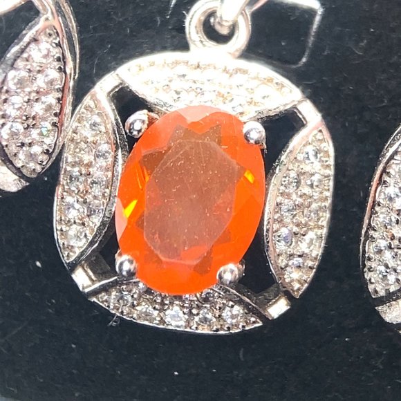 Fire Opal 2.84ct Platinum Finish Solid 925 Sterling Silver Earrings and Pendant - Picture 3 of 7